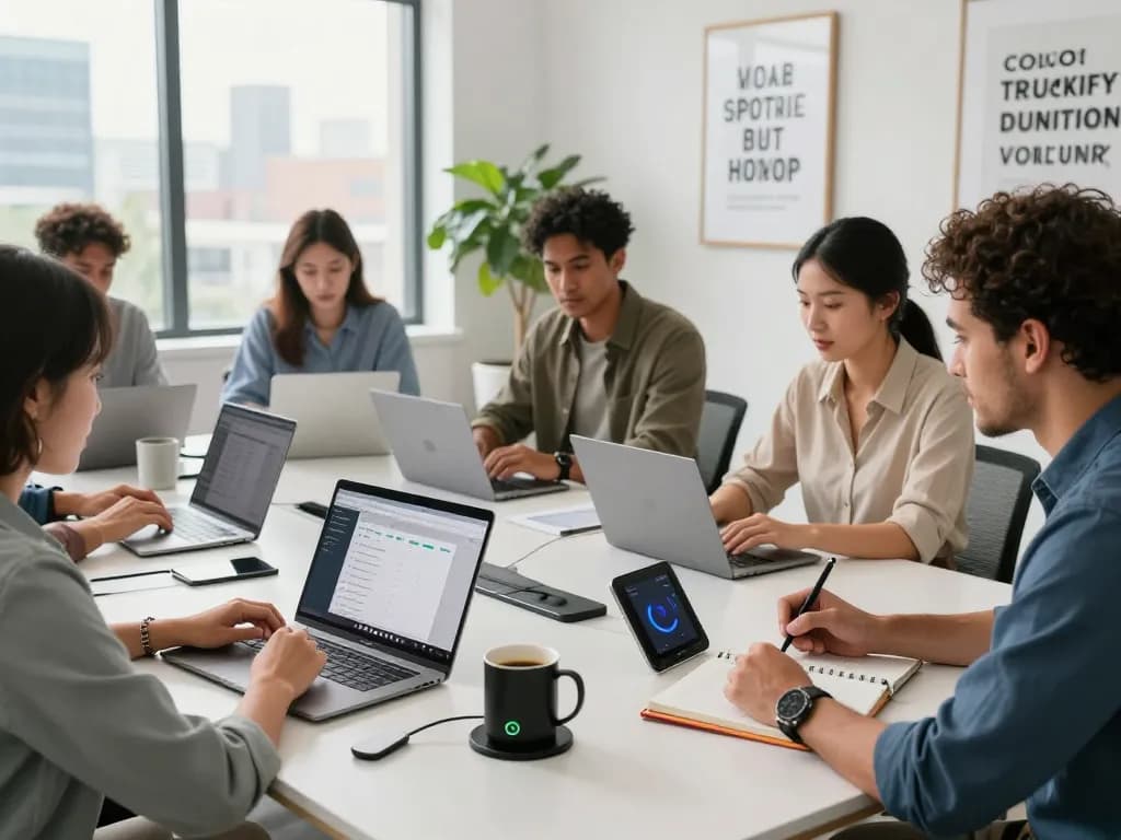 Collaborative workspace with tech gadgets for productivity, featuring a diverse team and modern office setup.