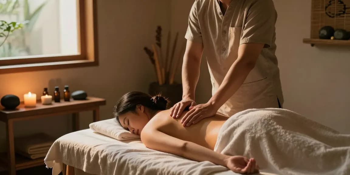 구미마사지의 편안한 분위기에서 남성 마사지사가 고객에게 마사지를 제공하는 모습