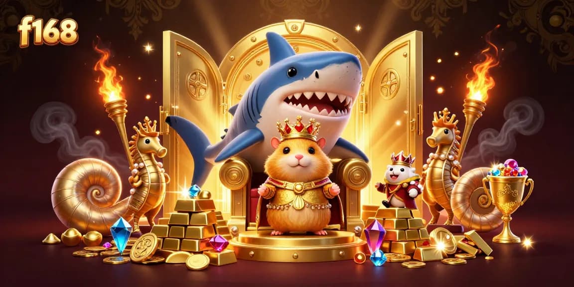Experience thrilling games at f168 with a golden hamster king in a vibrant casino treasure scene.