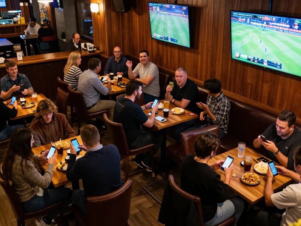 Engaged patrons at F168 excitedly placing sports bets on smartphones during live games.