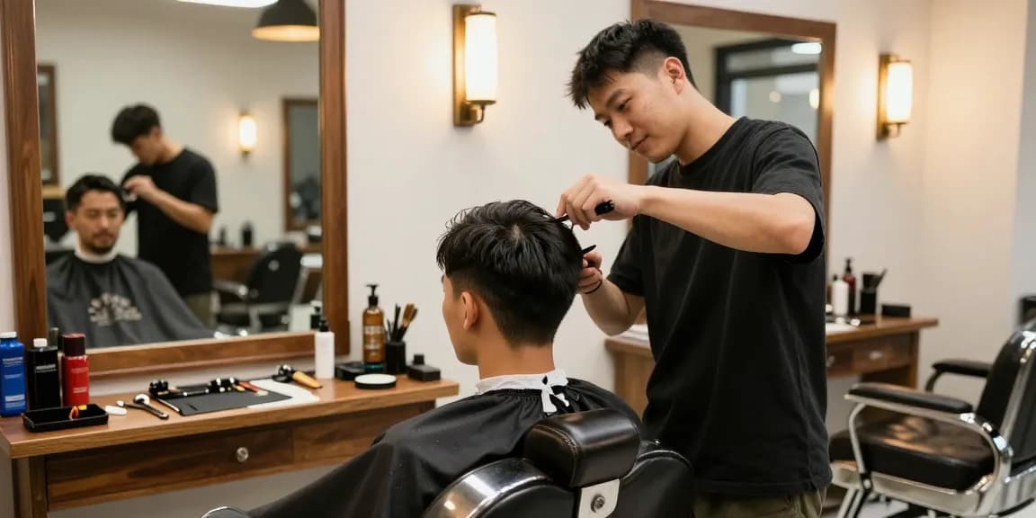 rokok88 slot login: A stylish barber cutting hair in a modern barbershop atmosphere.