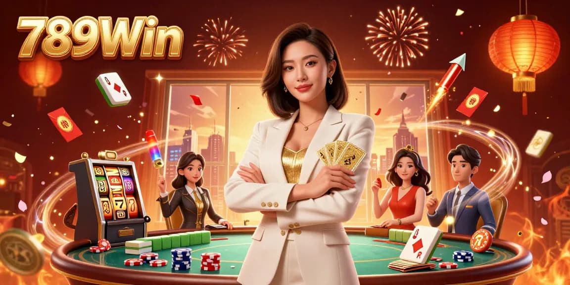 Engage with thrilling casino action at 789Win, featuring a glamorous dealer, slot reels, and festive decorations.