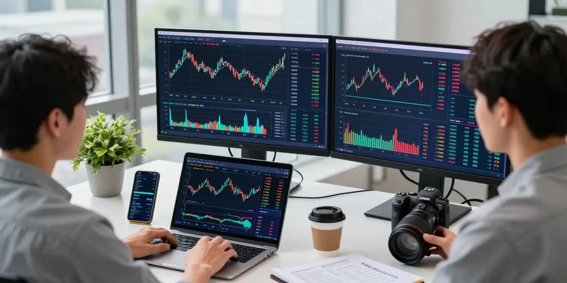 Trader analyzing market trends on multiple screens at 업투익스체인지, showcasing a vibrant cryptocurrency trading environment.