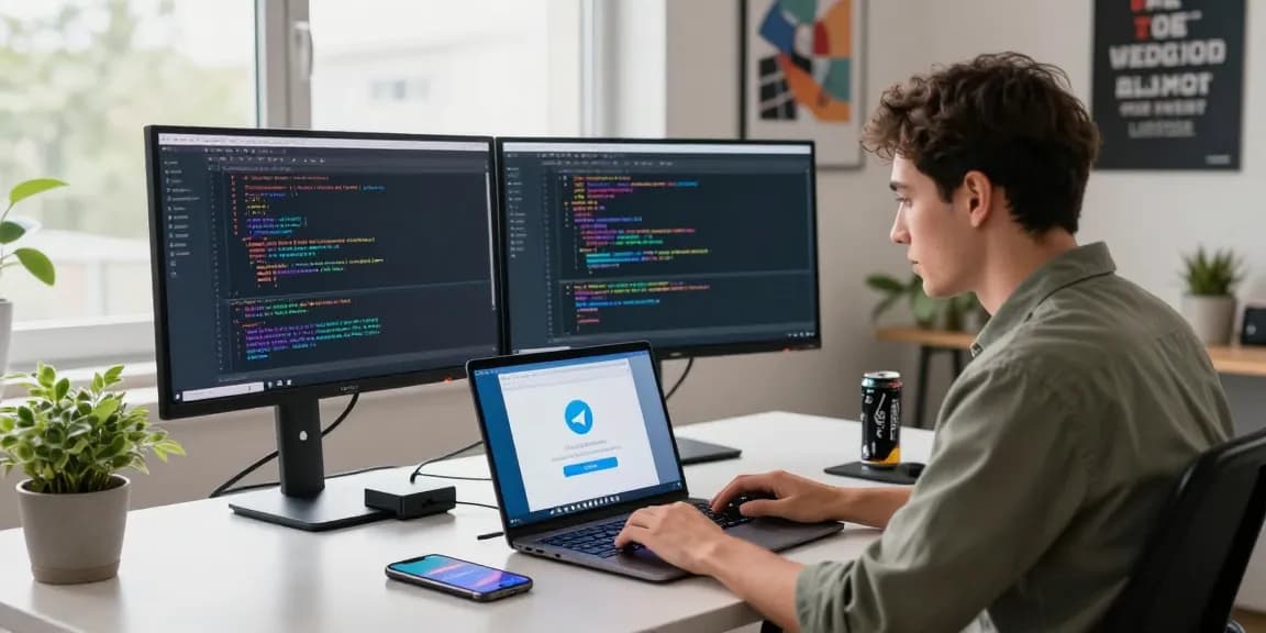 Using Telegram web version in modern office setting, showcasing productivity and tech tools