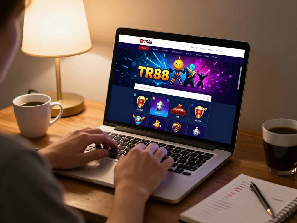 tr88 đăng nhập on laptop screen with player engaged in online gambling, cozy home atmosphere.