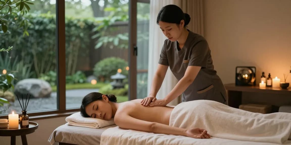 스웨디시 마사지 테라피 장면, 편안한 분위기에서 전문가가 고객에게 마사지를 제공하는 모습