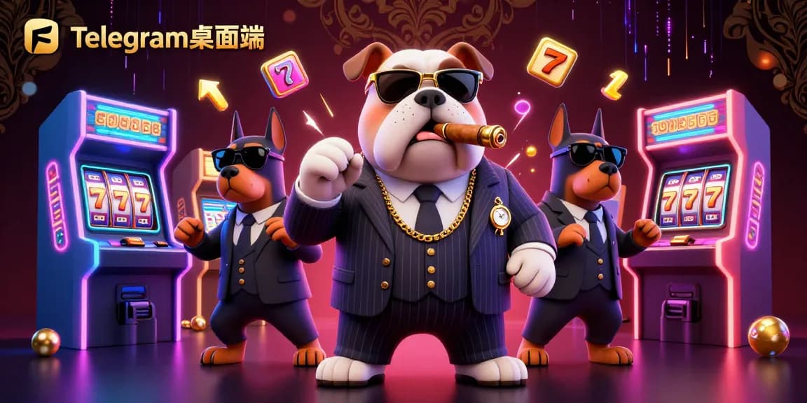 在充满电力的赌场场景中与Telegram桌面端互动，特色是一只黑手党风格的斗牛犬。