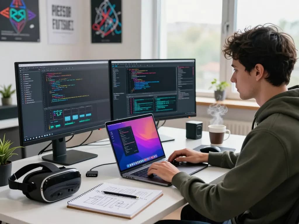 Focused developer using clawdbot ai on laptop in modern workspace with dual monitors and gadgets.