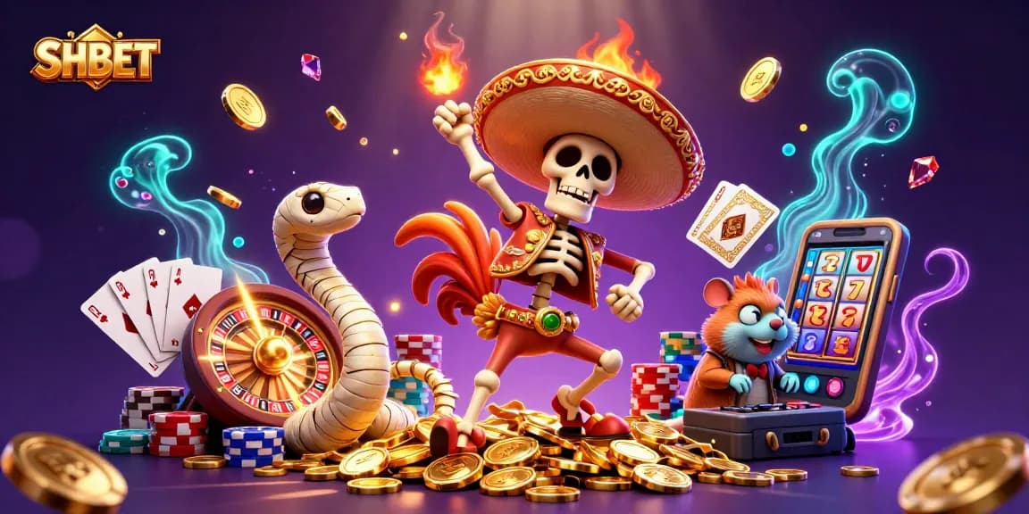 SHBET's vibrant scene with a skeleton mariachi rooster, mummy snake, and zombie DJ amidst casino elements, celebrating wins.