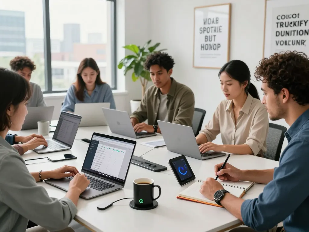 Collaborative workspace with tech gadgets for productivity, featuring a diverse team and modern office setup.