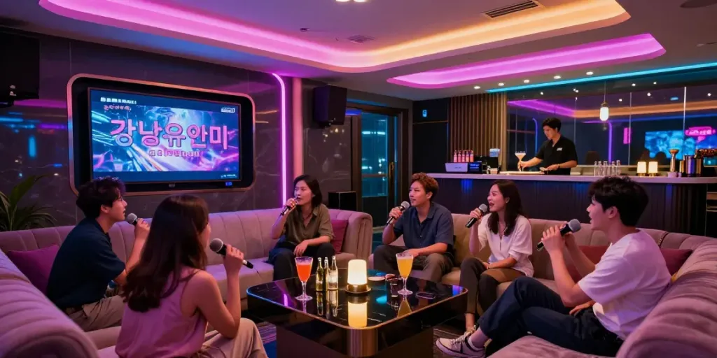 강남유앤미의 세련된 노래방에서 즐거운 시간을 보내는 손님들