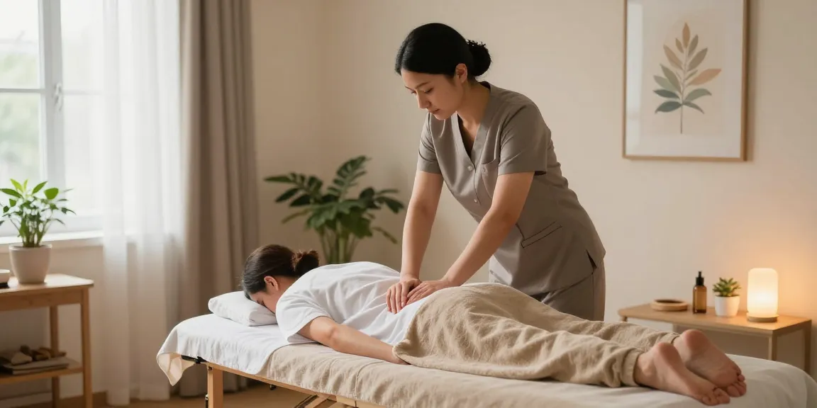 러시아안마를 받는 고객과 전문 관리사의 아늑한 마사지 환경을 보여줍니다.