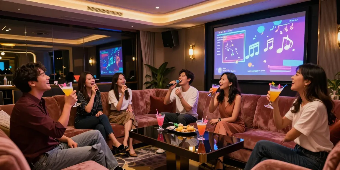 강남쩜오에서 친구들과 함께 즐겁게 노래 부르고 있는 장면, 프리미엄 분위기와 조화로운 인테리어를 강조합니다.