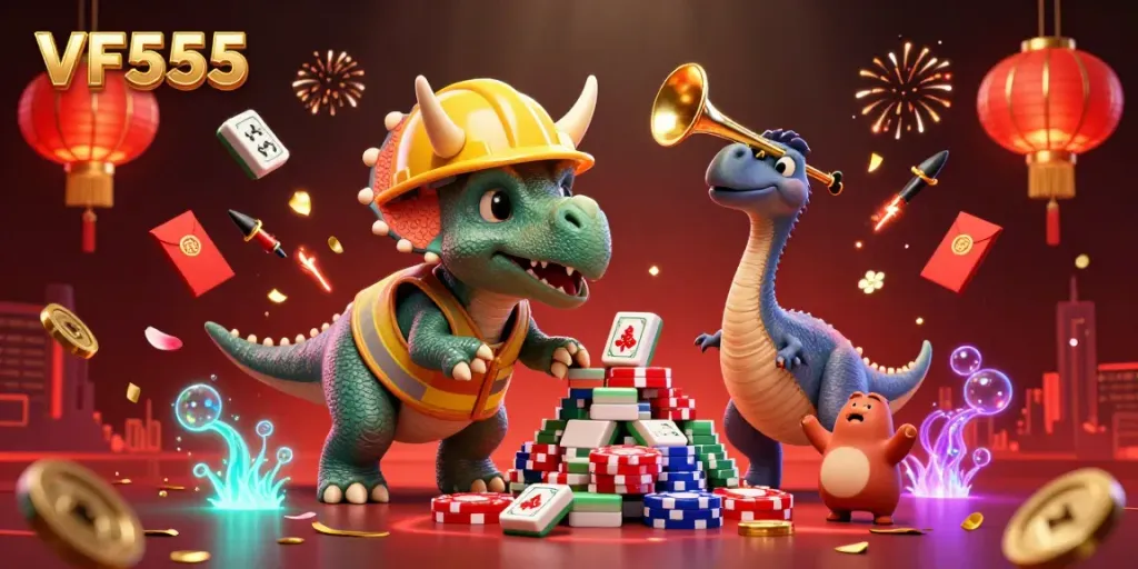 Engage with the vibrant world of VF555 featuring cartoon dinosaurs celebrating casino gaming with poker chips, lanterns, and fireworks.