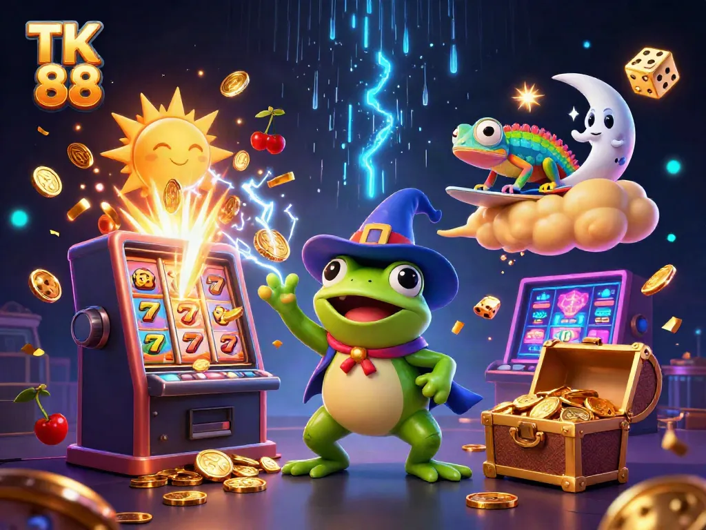 Experience thrilling wins at TK 88 with a vibrant scene of a wizard frog and winning symbols.