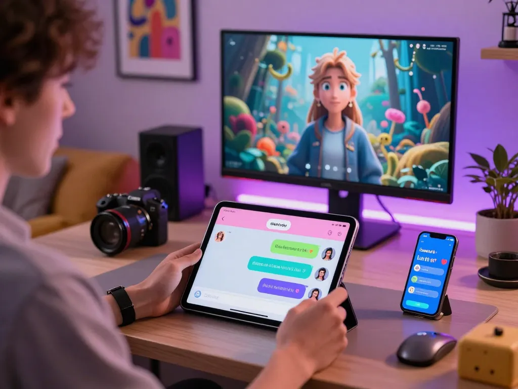 Engaging with a colorful nsfw chat bot interface in a modern workspace