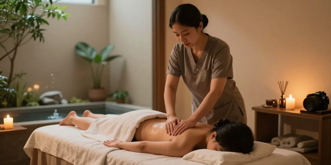 Relaxing scene of a 출장마사지 therapy session in a serene spa with essential oils and calming ambiance.