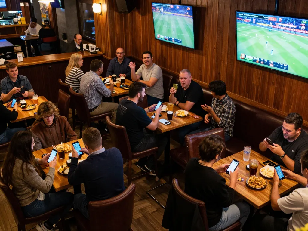 Engaged patrons at F168 excitedly placing sports bets on smartphones during live games.