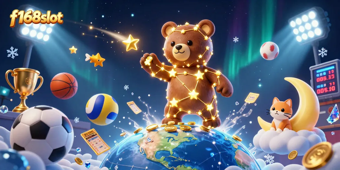 Experience excitement with f168slot's dynamic gaming world, featuring starry characters, sports balls, and golden coins.