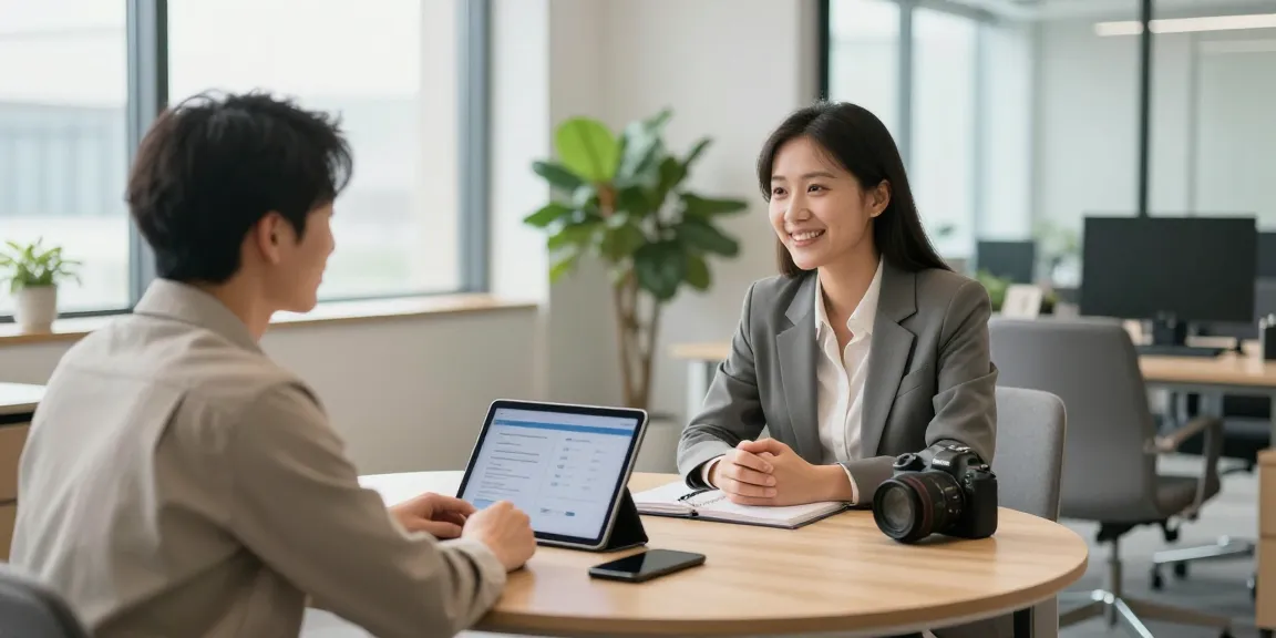 Engaging OP코리아 service consultation in a modern office setting showcasing professional interaction.
