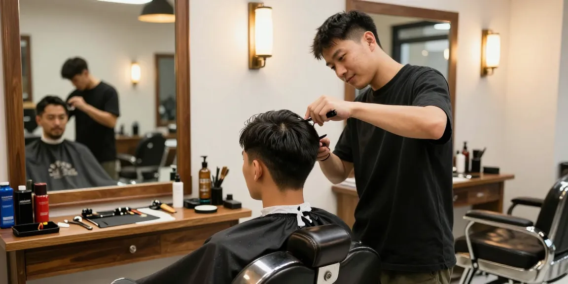 rokok88 slot login: A stylish barber cutting hair in a modern barbershop atmosphere.