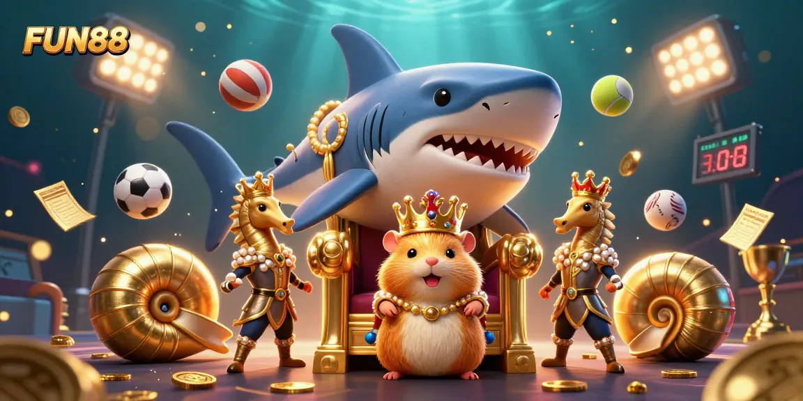Experience the vibrant FUN88 casino realm with the golden hamster king on his megalodon throne and dynamic sports elements.