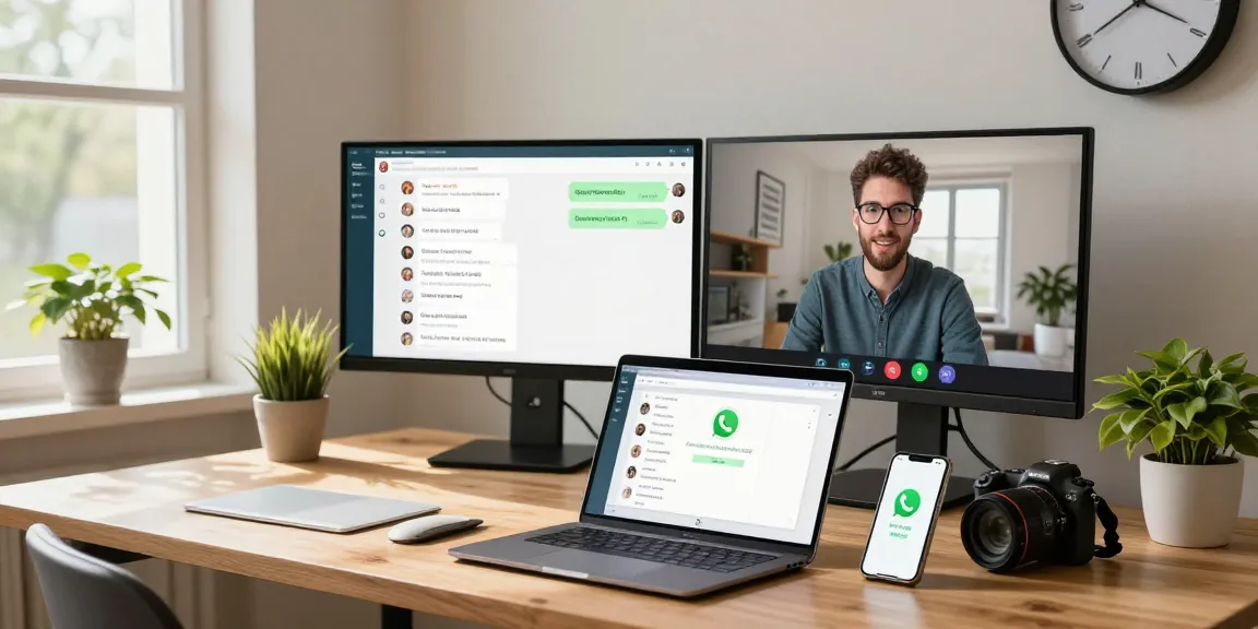 Young professional using WhatsApp網頁版 in a well-lit home office.