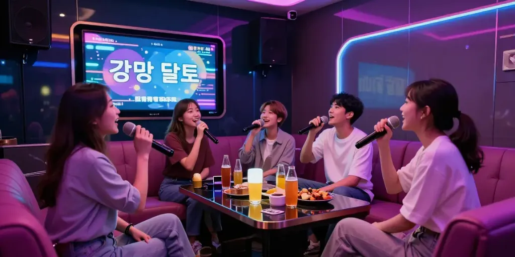 강남달토에서 즐거운 시간 보내는 친구들, 현대적인 가라오케 룸과 아늑한 분위기