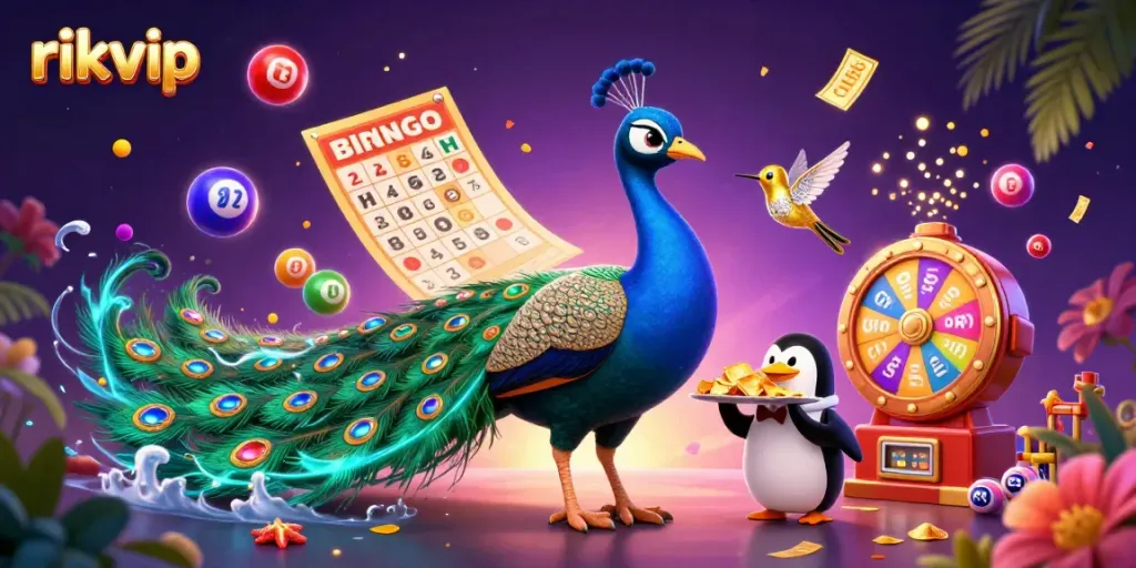 Experience the thrill of rikvip where a peacock, butler penguin, and hummingbird showcase vibrant casino elements.
