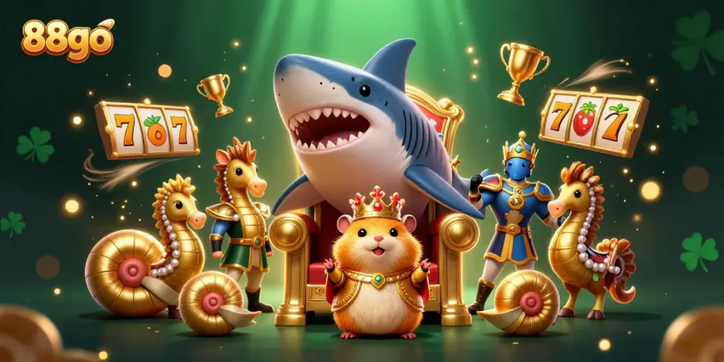Experience thrilling gameplay with 88go as a golden hamster king presides over a vibrant casino scene.