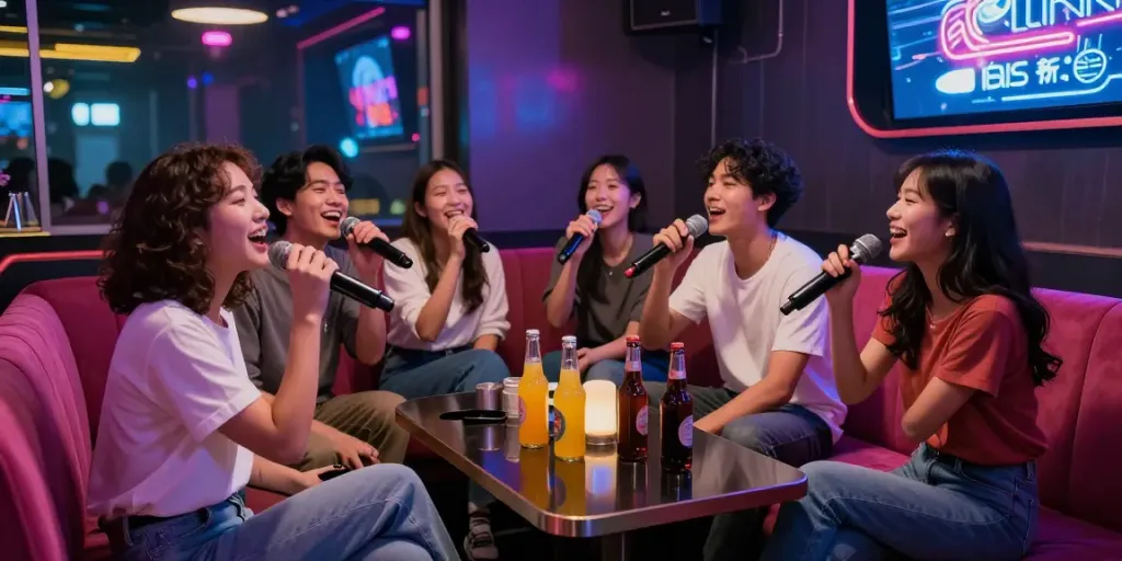 강남 달토에서 친구들과 함께 즐거운 노래를 부르는 모습, 화려한 조명과 아늑한 내부가 돋보인다.