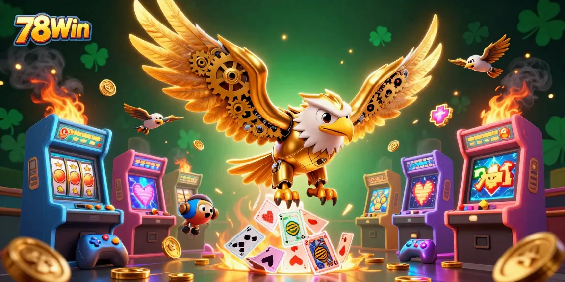 Experience thrilling action at 78Win with a golden eagle soaring through holographic cards.