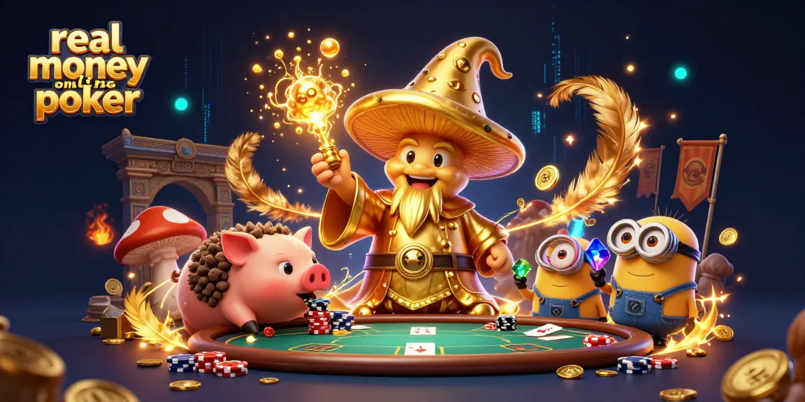 Engage in real money online poker with vibrant characters, chips, cards, and treasures in a magical casino scene.