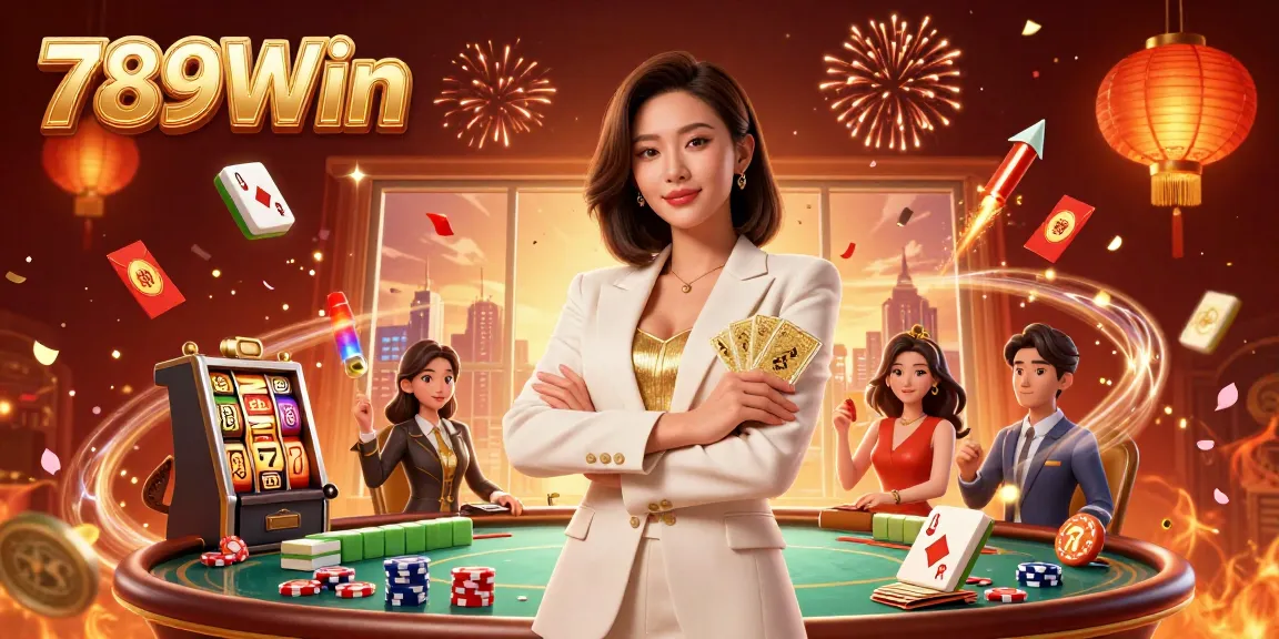 Engage with thrilling casino action at 789Win, featuring a glamorous dealer, slot reels, and festive decorations.