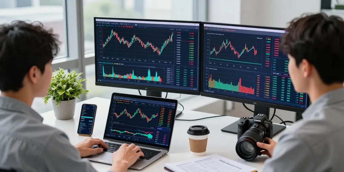 Trader analyzing market trends on multiple screens at 업투익스체인지, showcasing a vibrant cryptocurrency trading environment.