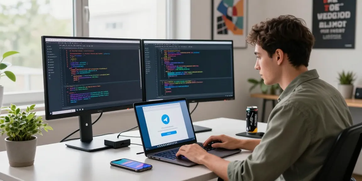 Using Telegram web version in modern office setting, showcasing productivity and tech tools