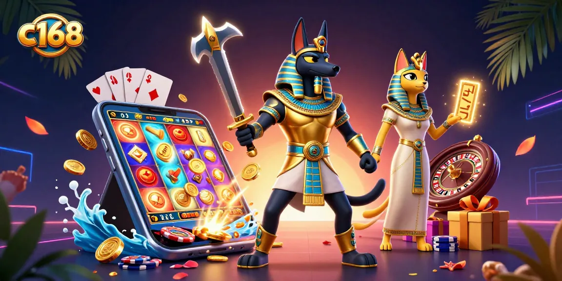 Engage in thrilling slots at c168, featuring vibrant ancient Egyptian characters and dynamic casino elements.