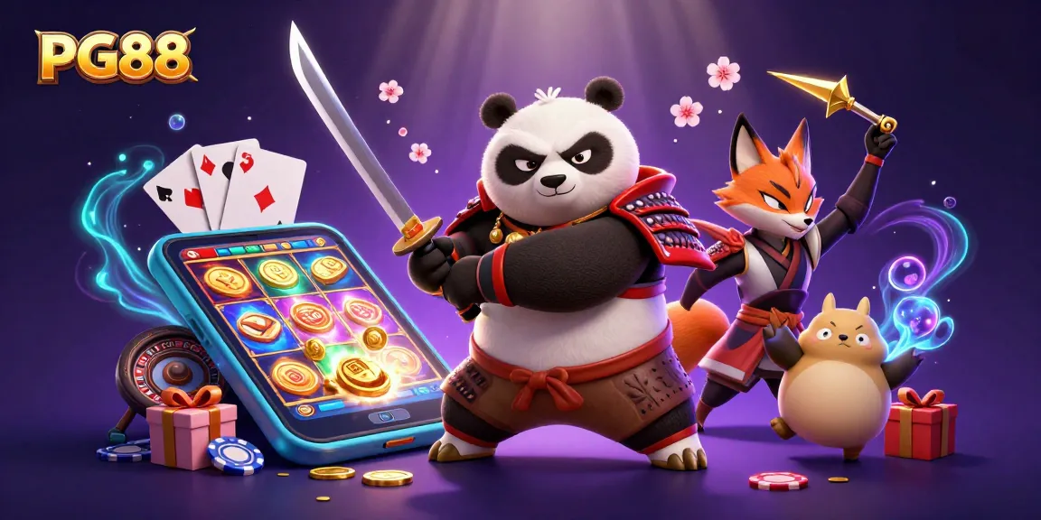 Experience thrilling gameplay at PG88 with a samurai panda and ninja fox amidst lively slot game elements.