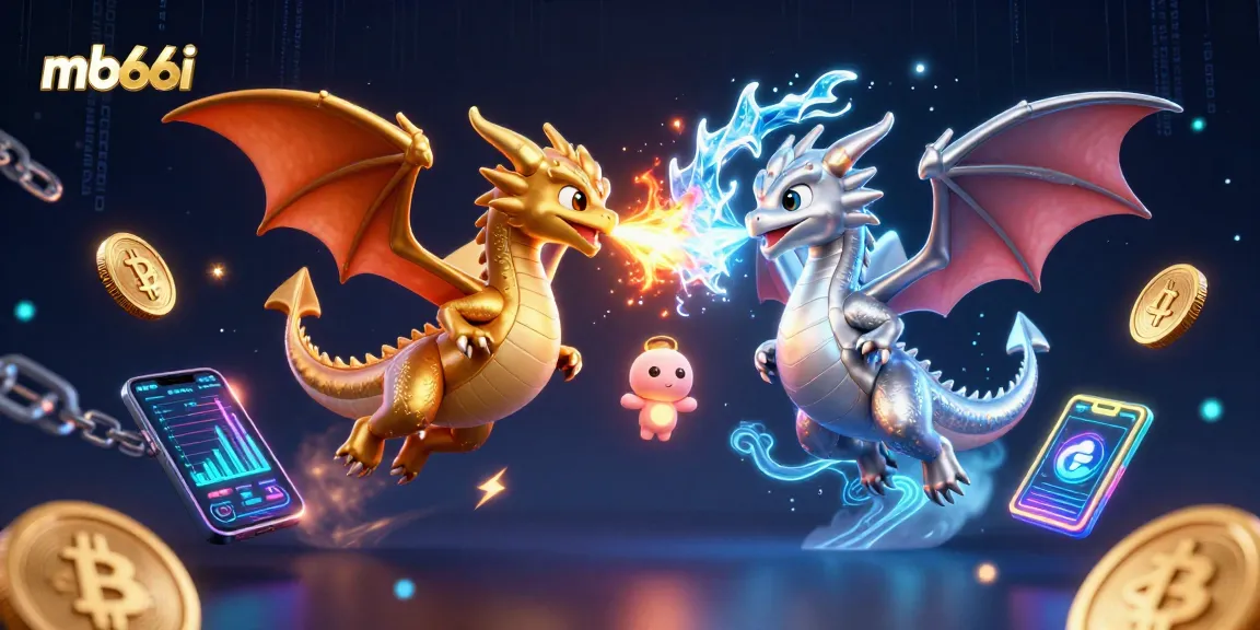 Win big with mb66i in this vibrant 3D scene showcasing epic dragons and crypto elements.