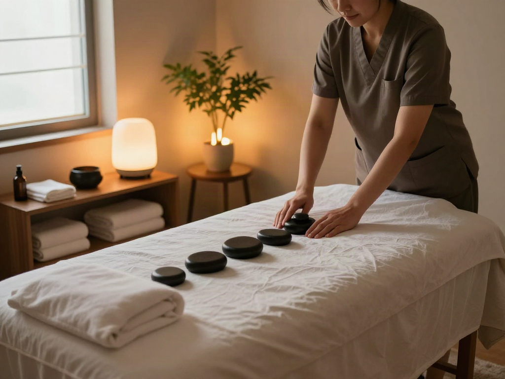 Relaxing 경기도출장마사지 setup with massage table and essential oils in a serene wellness studio.