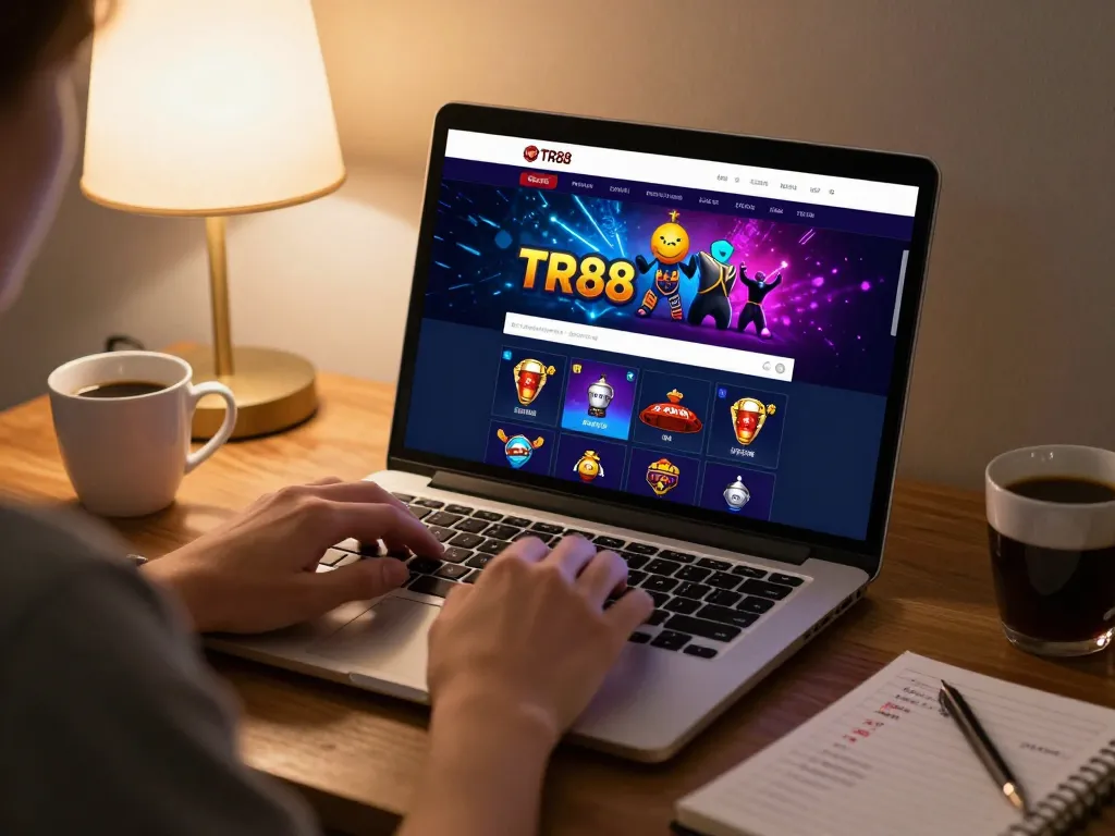 tr88 đăng nhập on laptop screen with player engaged in online gambling, cozy home atmosphere.