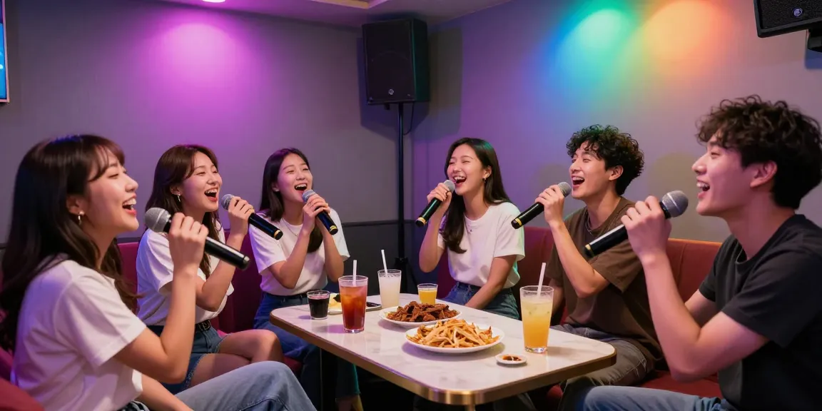 강남가라오케에서 즐거운 분위기 속에서 노래하는 친구들의 모습