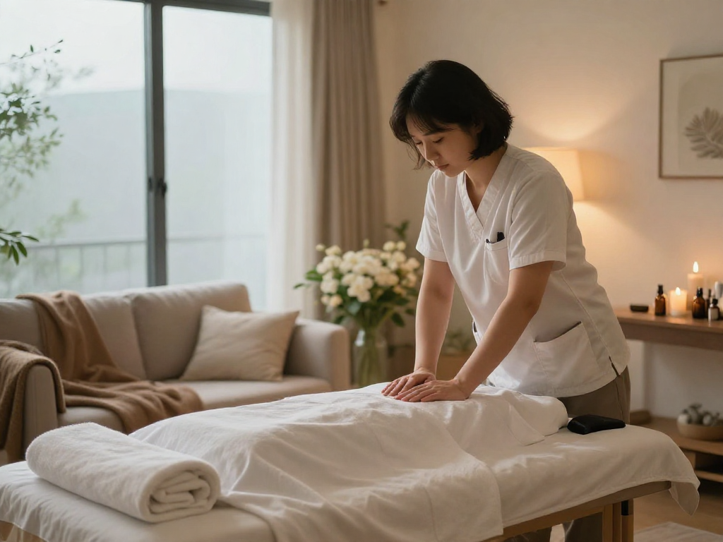 Calming scene illustrating 부천출장마사지 therapy setup in a serene home environment with professional amenities.