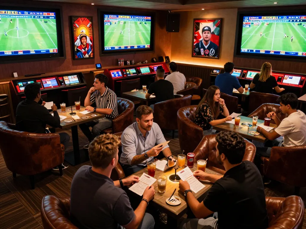 Engaged bettors analyzing odds on Keo nha cai 5 in a luxurious sports lounge while enjoying live matches.