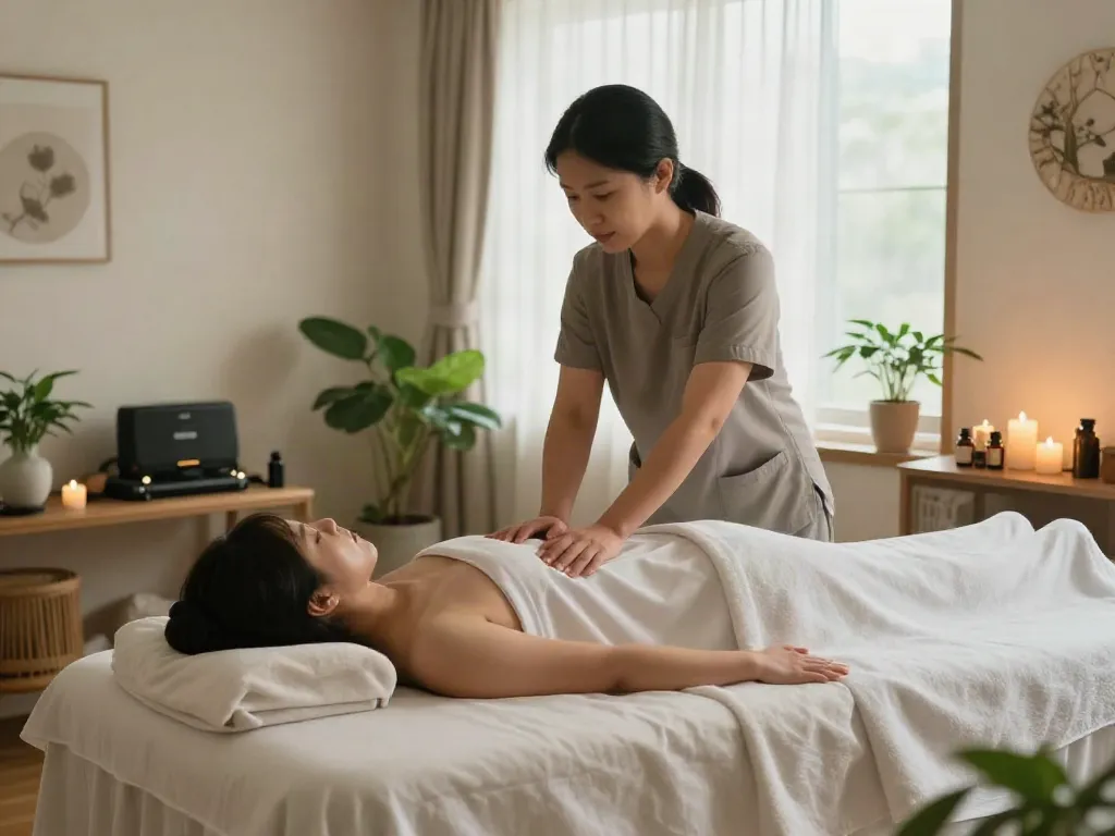 Relaxing 강남출장안마 session in a serene apartment with soft lighting and calming decor.