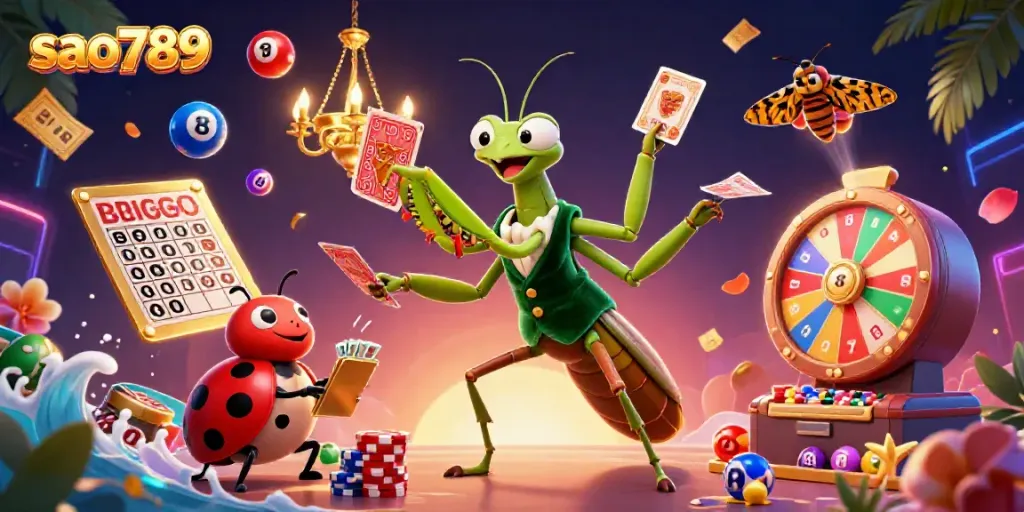 Engage in thrilling gameplay at sao789 with a vibrant casino atmosphere featuring a giant praying mantis, colorful lottery balls, and a lively pit boss.