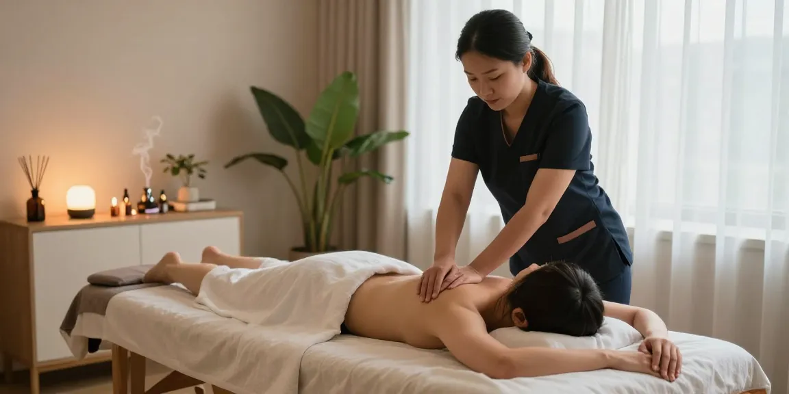 마사지 중인 편안한 고객과 전문 치료사 모습, 아로마 향기가 나는 마사지 스튜디오