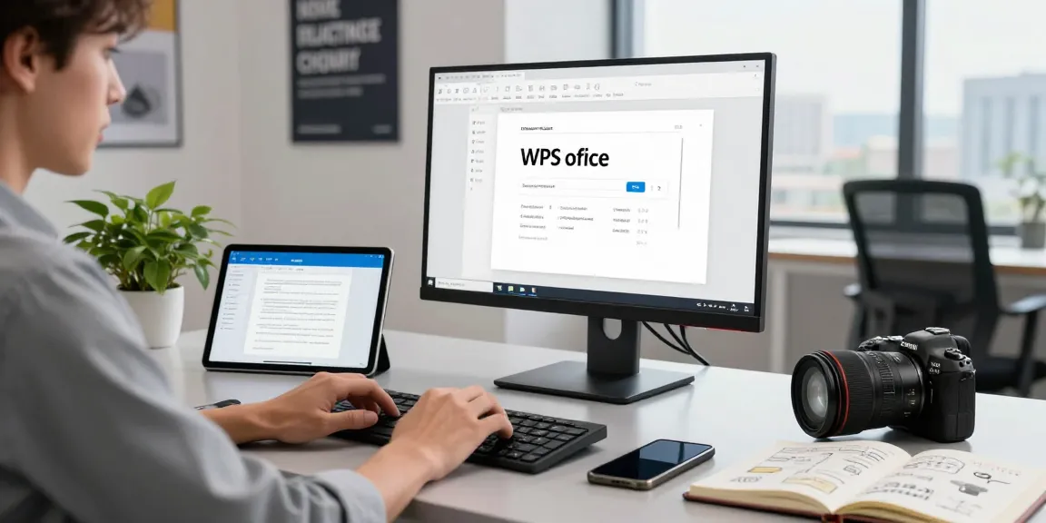 WPS Download productivity workspace with user engaged in document editing on multiple screens, showcasing modern office tools and efficient workflows.