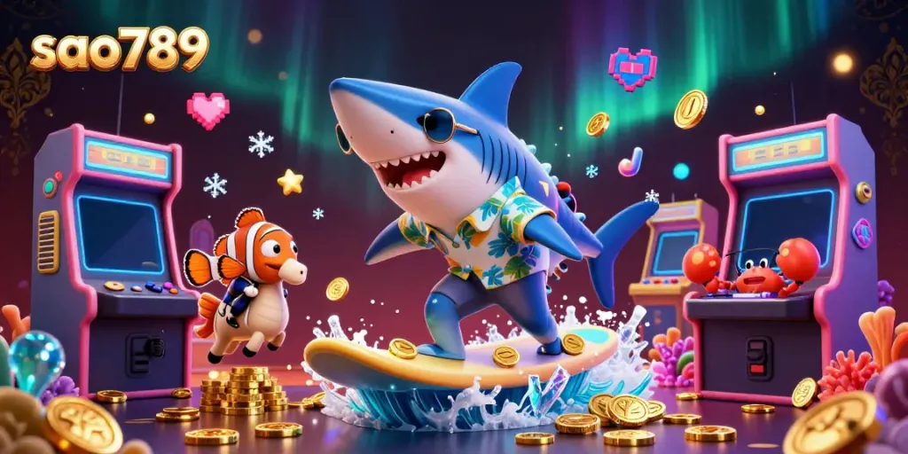 Sao789 casino scene featuring colorful characters celebrating winnings among golden coins and arcade items.