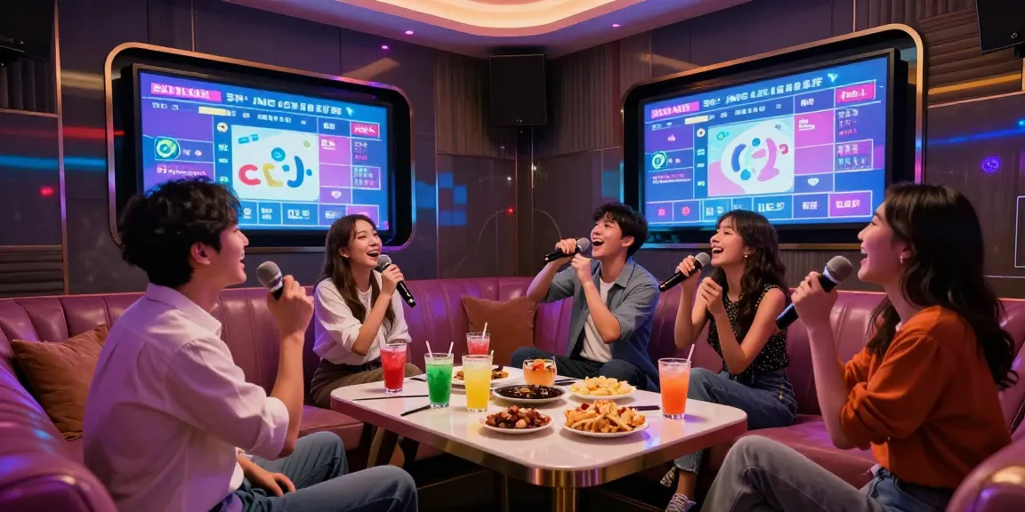 강남가라오케에서 친구들과 노래를 부르며 즐거운 시간을 보내는 모습, 화려한 조명과 아늑한 공간이 돋보입니다.